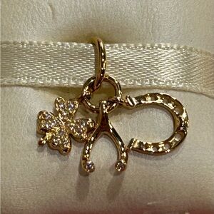 14k Gold Lucky Clover, Wishbone & Horseshoe Dangle Charm